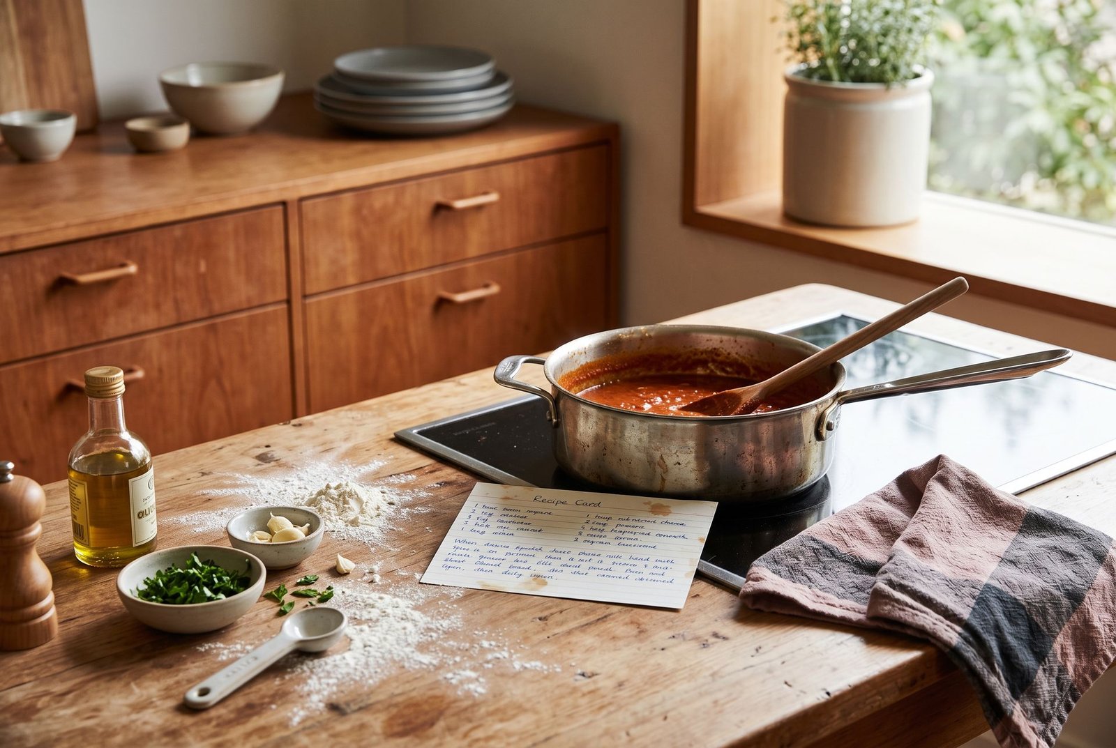 Overhead view of a warm home kitchen table laid out with fresh ingredients and cooking tools