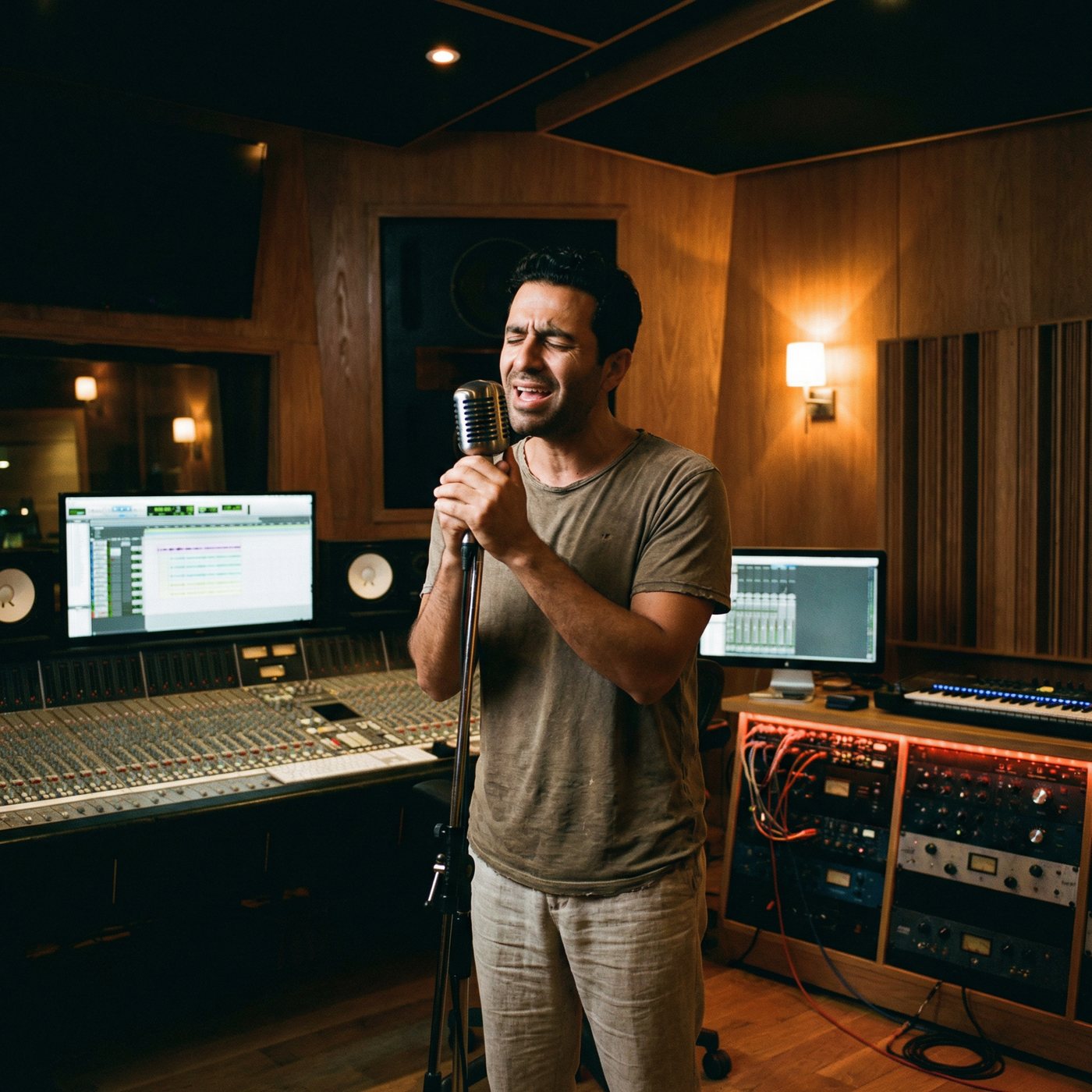 Person singing into a microphone in a cozy home music studio